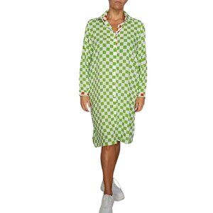 Women's Green White Checkered Long Sleeve Shirt Dress Size US 8 to US 14